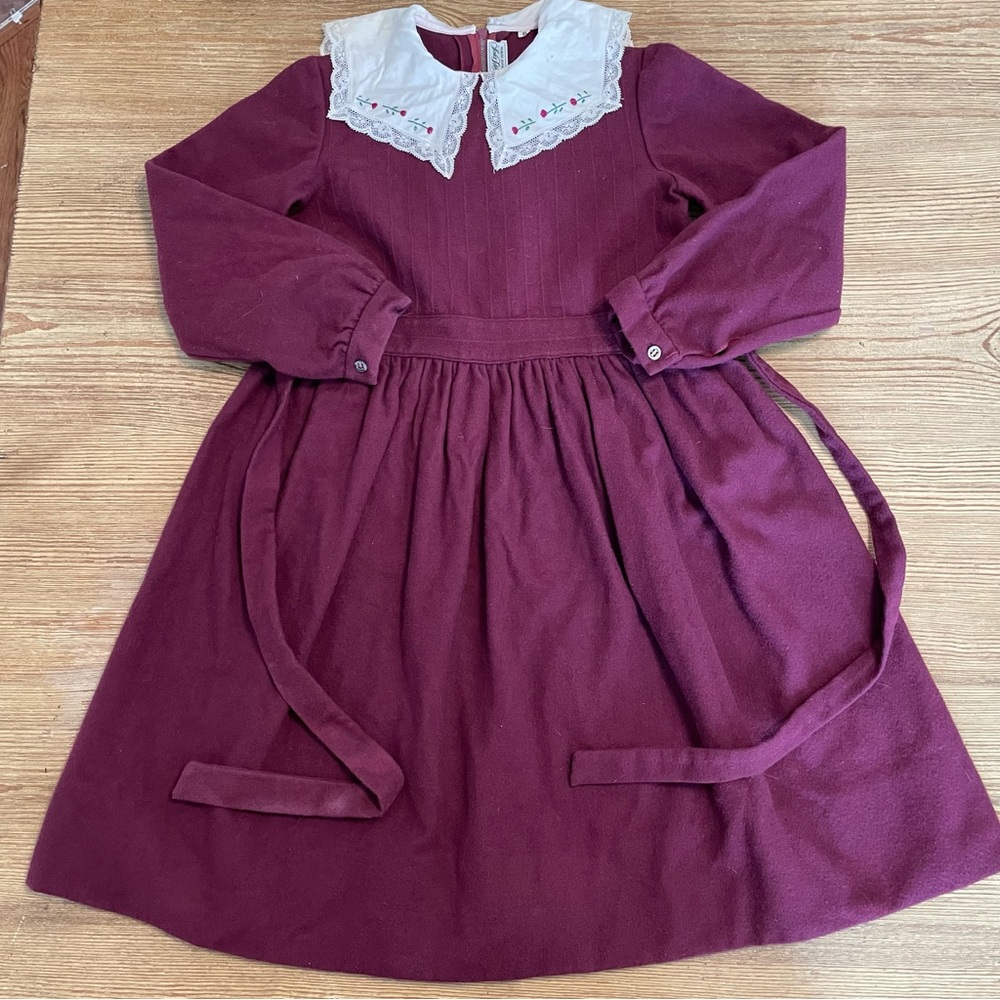 Vintage 60s Saks Fifth Avenue Burgundy Long Sleeve Wool Dress with White Collar